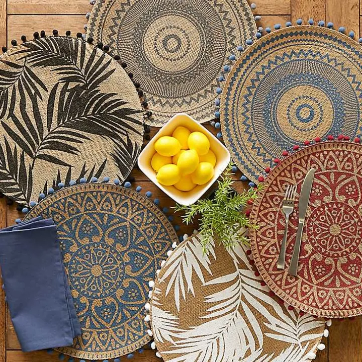 Blue and Natural Print Round Placemats, Set of 6