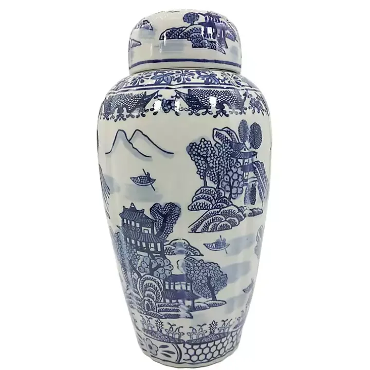 Blue and White Ceramic Chinoiserie Jar