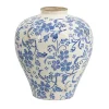Blue and White Floral Urn Ceramic Vase, 10 in.