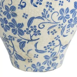 Blue and White Floral Urn Ceramic Vase, 11 in.