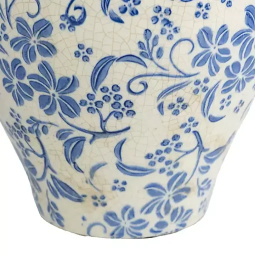Blue and White Floral Urn Ceramic Vase, 11 in.