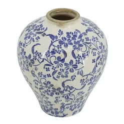 Blue and White Floral Urn Ceramic Vase, 11 in.
