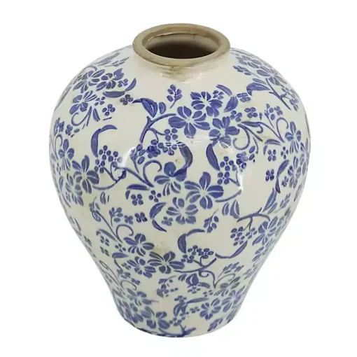 Blue and White Floral Urn Ceramic Vase, 11 in.