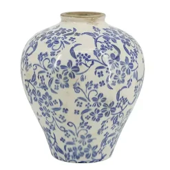 Blue and White Floral Urn Ceramic Vase, 11 in.