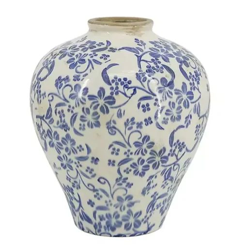 Blue and White Floral Urn Ceramic Vase, 11 in.