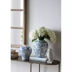 Blue and White Floral Urn Ceramic Vase, 11 in.