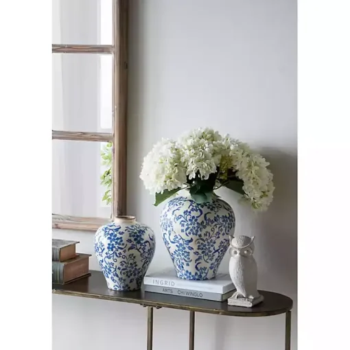 Blue and White Floral Urn Ceramic Vase, 11 in.