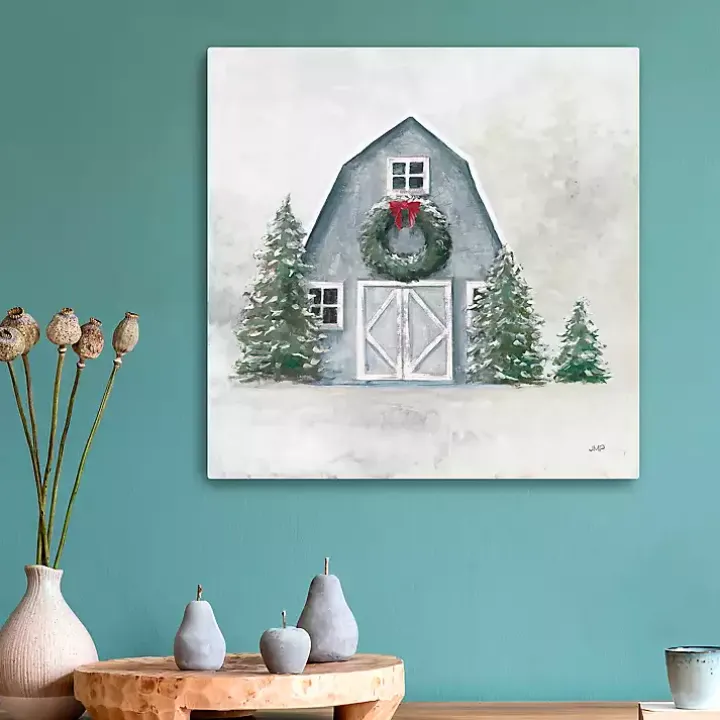 Blue Barn in Winter Canvas Art Print