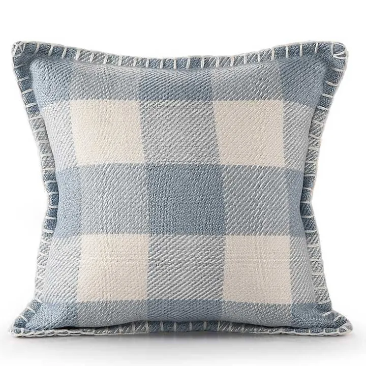 Blue Buffalo Check Stitched Outdoor Throw Pillow