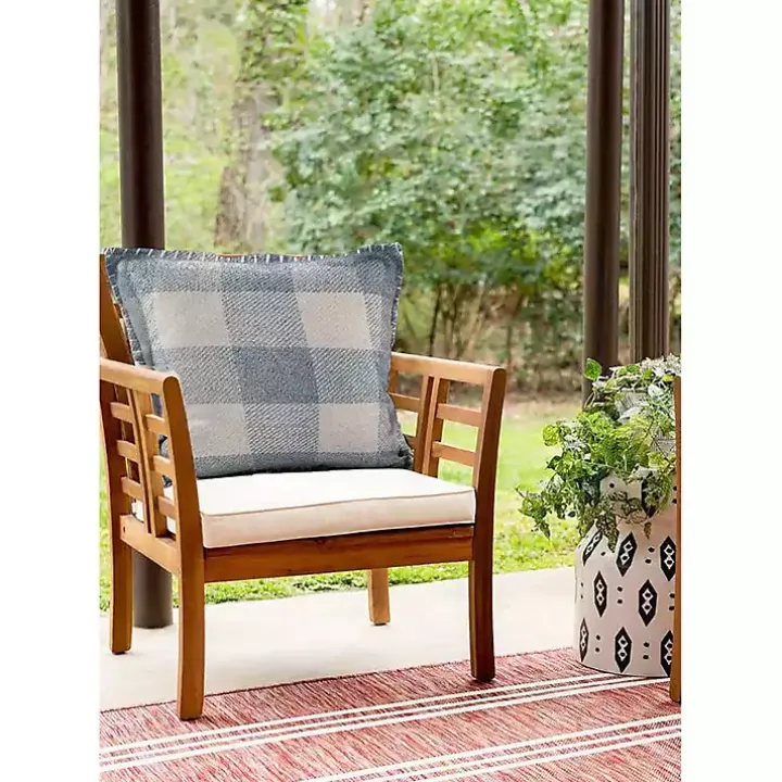 Blue Buffalo Check Stitched Outdoor Throw Pillow