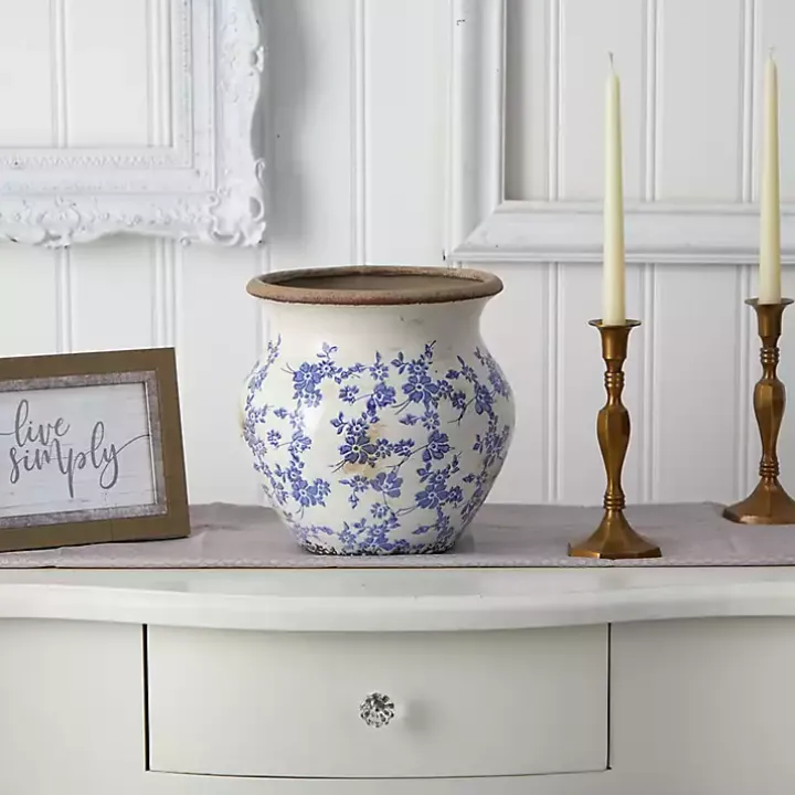 Blue Bulous Floral Scroll Ceramic Vase, 10 in.