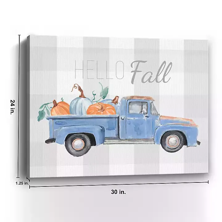 Blue Checkered Pumpkin Truck Canvas Wall Art