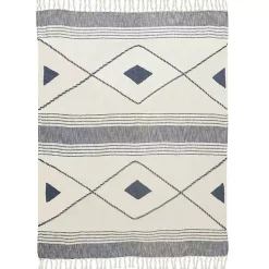 Blue Cotton Diamond Geometric Fringe Throw