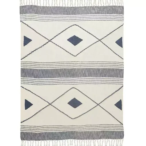 Blue Cotton Diamond Geometric Fringe Throw