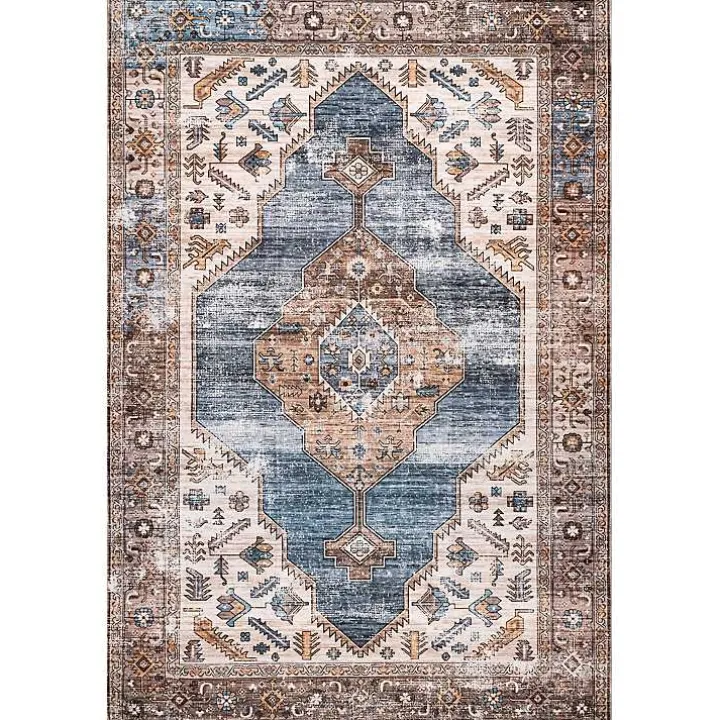 Blue Distressed Medallion Washable Area Rug, 5x8