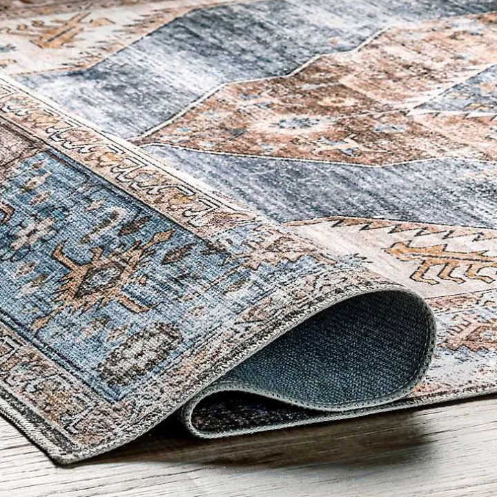 Blue Distressed Medallion Washable Area Rug, 5x8