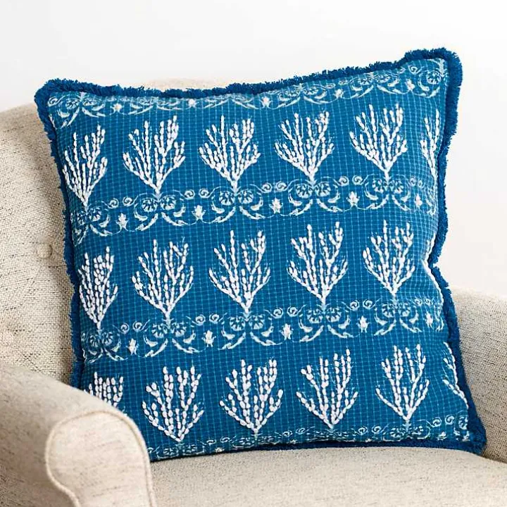 Blue Embroidered Coral Pillow