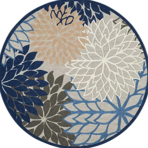 Blue Floral Burst Round Outdoor Area Rug, 7x7