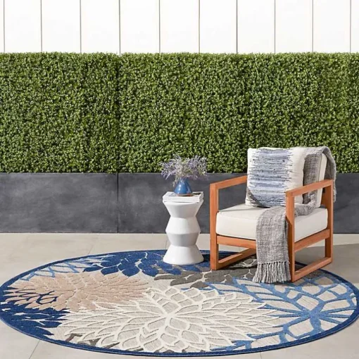 Blue Floral Burst Round Outdoor Area Rug, 7x7