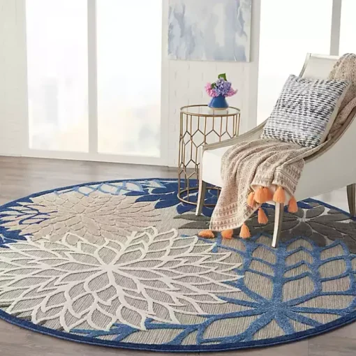 Blue Floral Burst Round Outdoor Area Rug, 7x7