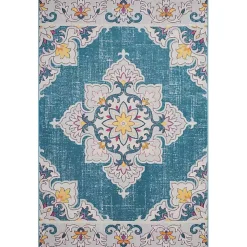 Blue Floral Medallion Outdoor Area Rug, 7x9