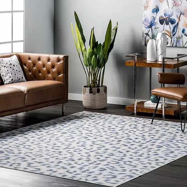 Blue Leopard Spots Washable Area Rug, 5x8