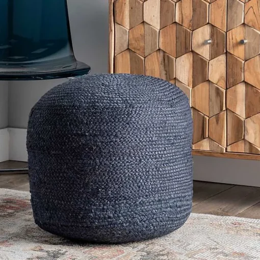 Blue Neely Jute Chevron Braided Pouf