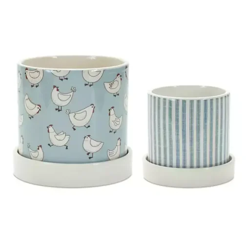 Blue Striped and Chicken Decorative Pots, Set of 2