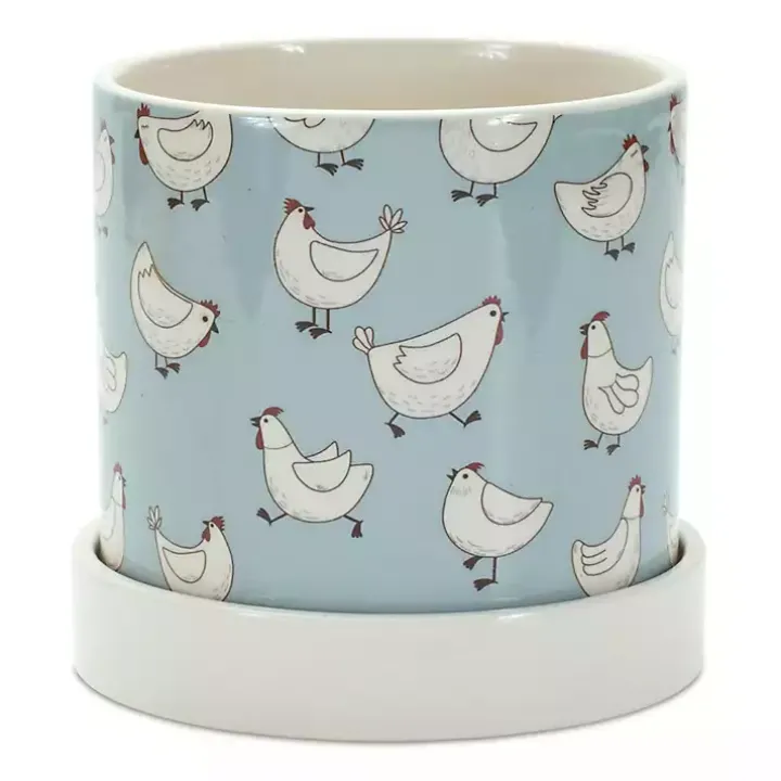 Blue Striped and Chicken Decorative Pots, Set of 2
