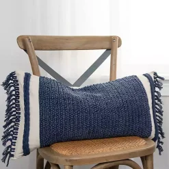 Blue Tufted Macrame Tassels Lumbar Pillow