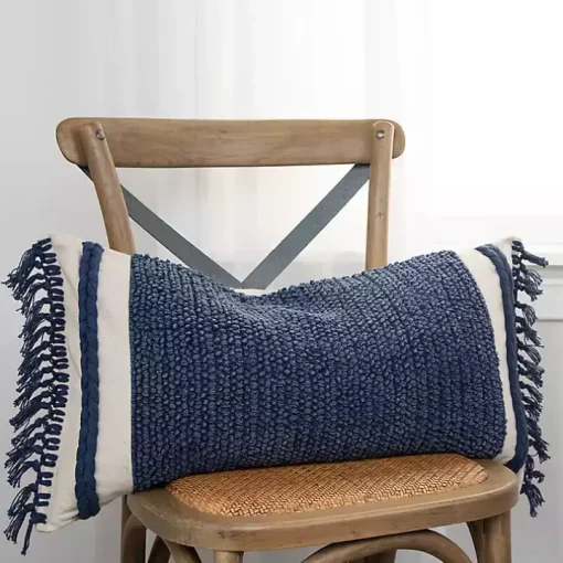 Blue Tufted Macrame Tassels Lumbar Pillow