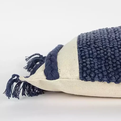 Blue Tufted Macrame Tassels Lumbar Pillow