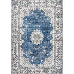 Blue Vintage Floral Washable Area Rug, 5x8