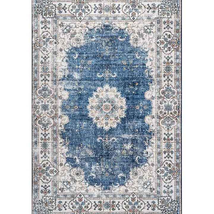 Blue Vintage Floral Washable Area Rug, 5x8