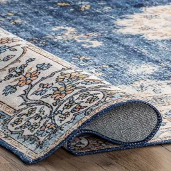 Blue Vintage Floral Washable Area Rug, 5x8