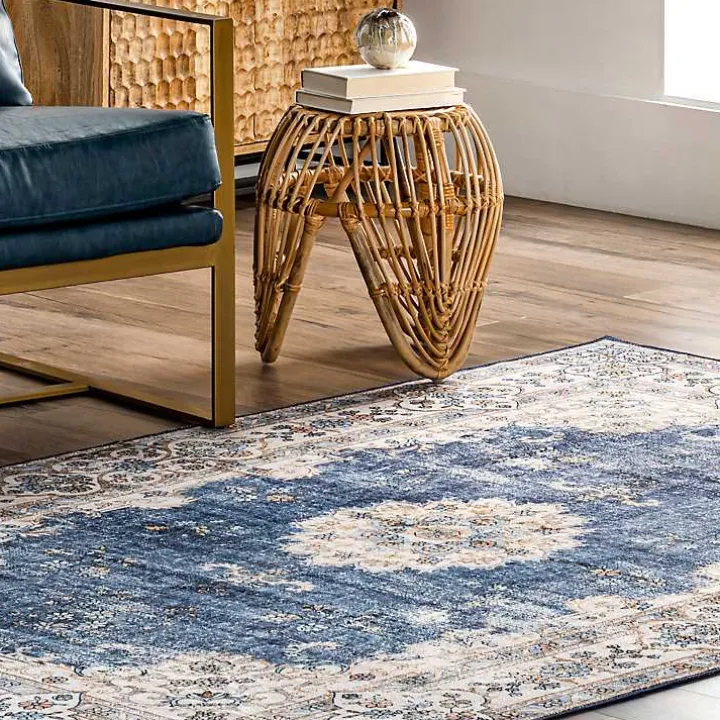 Blue Vintage Floral Washable Area Rug, 5x8