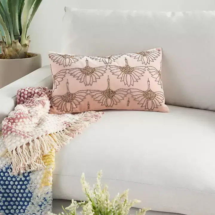 Blush Beaded Floral Motif Lumbar Pillow