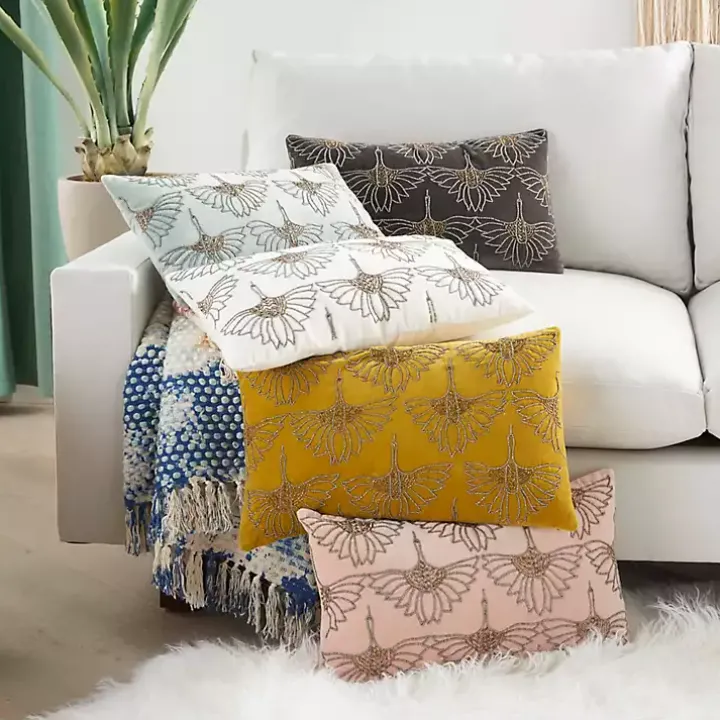 Blush Beaded Floral Motif Lumbar Pillow