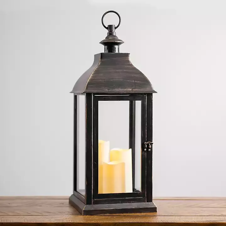 Bronze Plastic Lantern with LED Pillar Candles