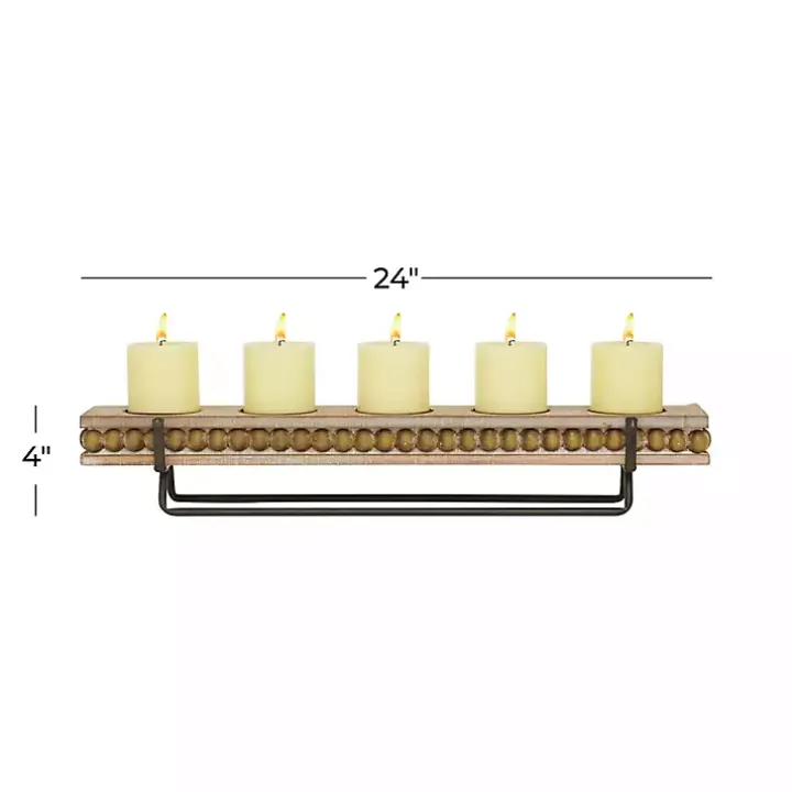 Brown Beaded Wood and Metal Base Candle Holder