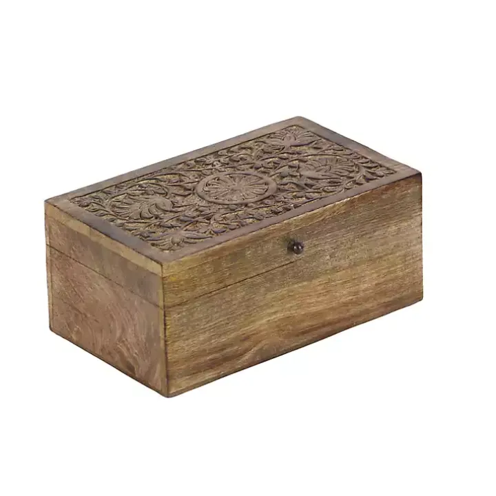 Brown Mango Wood Carved Boxes, Set of 3