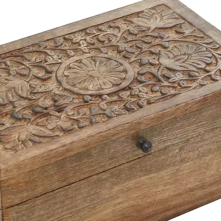 Brown Mango Wood Carved Boxes, Set of 3