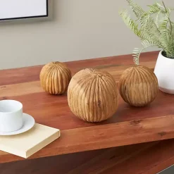 Brown Teak Wood Carved Orbs, Set of 3