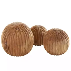 Brown Teak Wood Carved Orbs, Set of 3