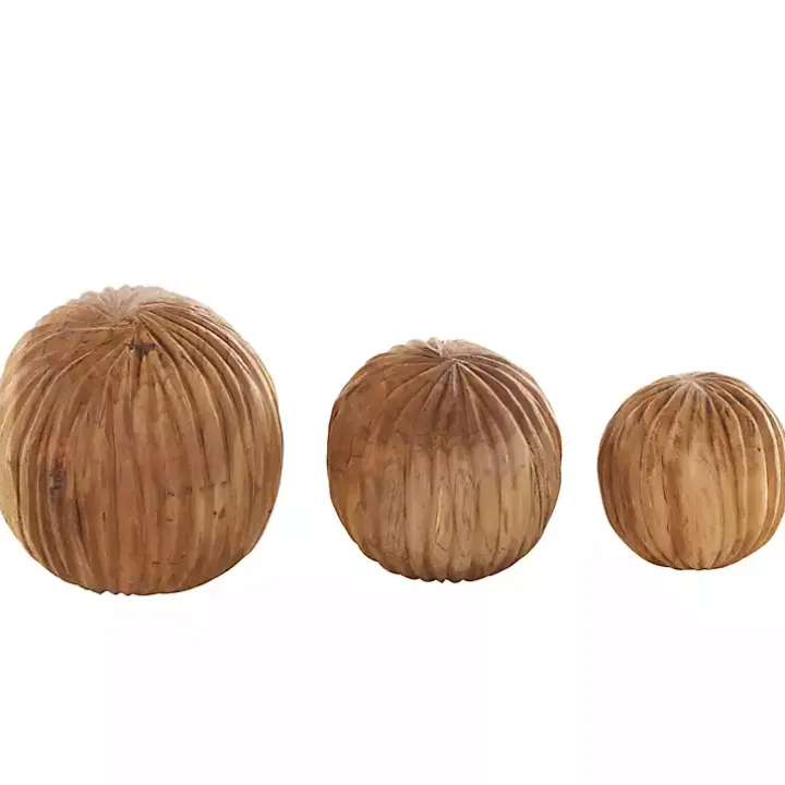 Brown Teak Wood Carved Orbs, Set of 3