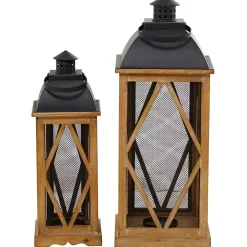 Brown Wood and Black Mesh Lanterns, Set of 2