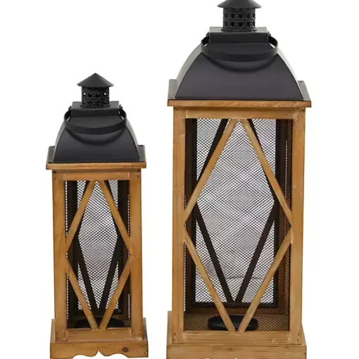 Brown Wood and Black Mesh Lanterns, Set of 2