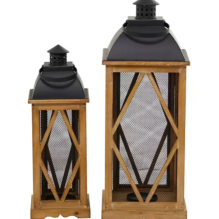 Brown Wood and Black Mesh Lanterns, Set of 2