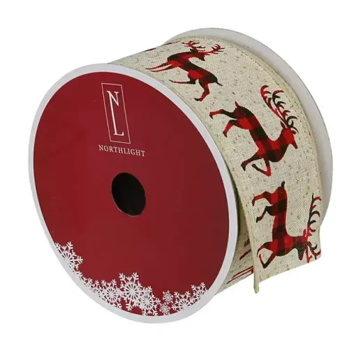 Buffalo Plaid Reindeer 16 yard Christmas Ribbon