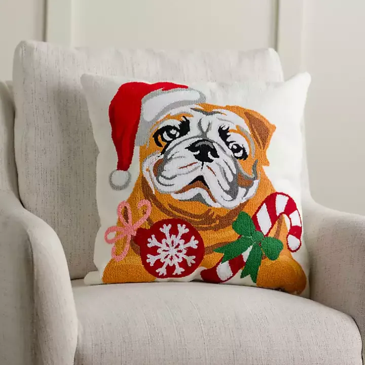 Bulldog with Santa Hat Christmas Pillow